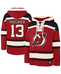 '47 Brand Men's Nico Hischier Red New Jersey Devils Player Name Number Lacer Pullover Hoodie