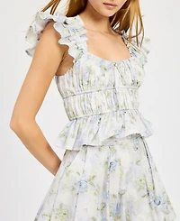 En Saison Women's Scarlet Floral Cotton Peplum Top