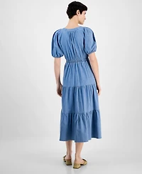Anne Klein Women's Split-Neck Puff-Sleeve Denim Midi Dress