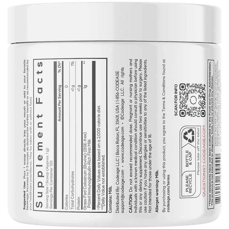 Bovine Colostrum Powder Supplement 4-Month Supply, 1000mg per Serving, Grass-Fed Ethically Sourced, Immunoglobulin-Rich Prized First Milk, Cold-Chain