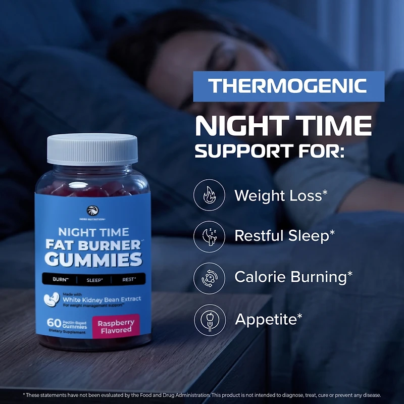 Night Time Fat Burner Gummies, Appetite Suppressant for Weight Loss Gummies, Nobi Nutrition, Raspberry 60ct