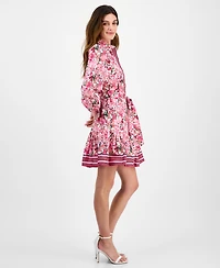 Anne Klein Women's Printed Long-Sleeve Belted Shirtdress