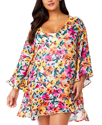 Anne Cole Plus Size Floral-Print Flounce Tunic Swim Cover-Up