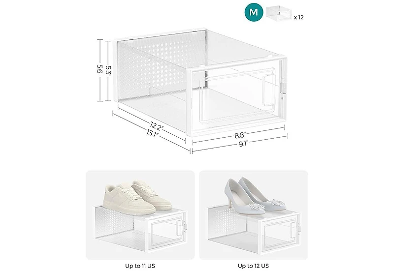Songmics Home Stackable Clear Shoe Storage Boxes, Pack of 12, Transparent and White