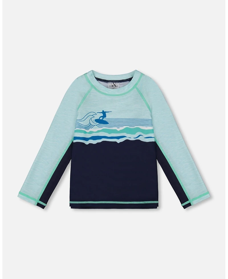 Deux par Deux Boys Long Sleeve Rashguard Navy Blue And Turquoise