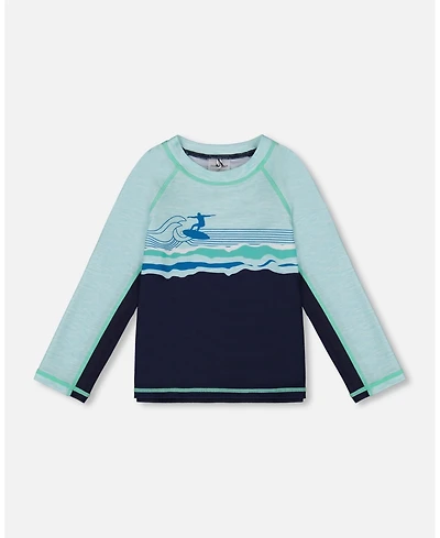 Deux par Deux Boys Long Sleeve Rashguard Navy Blue And Turquoise