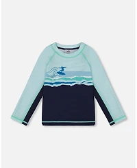 Deux par Deux Boys Long Sleeve Rashguard Navy Blue And Turquoise