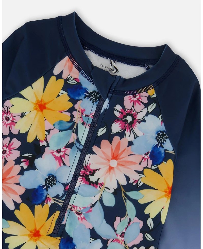 Deux par Girls Printed Long Sleeve Rashguard Navy And Yellow Pink Flowers
