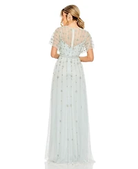 Mac Duggal Women's V-Neck Embellished Flutter Sleeve A Line Gown