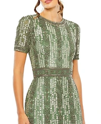 Mac Duggal Women's High Neck Short Sleeve Crystal Fringe Column Dress