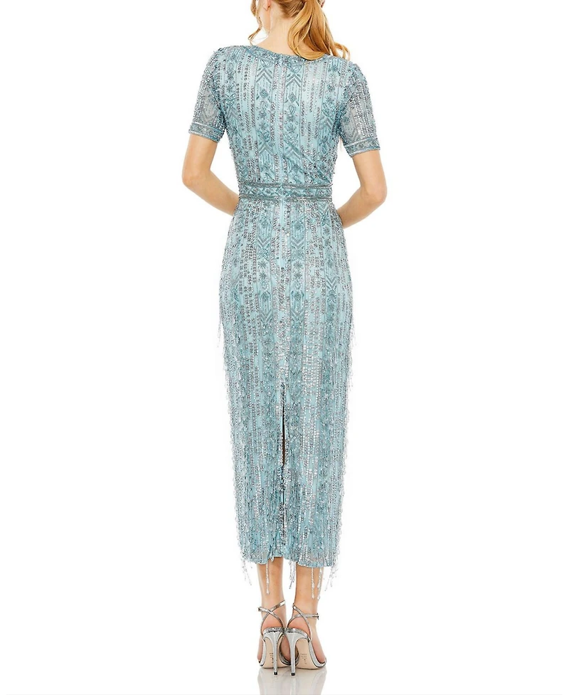 Mac Duggal Women's High Neck Short Sleeve Crystal Fringe Column Dress