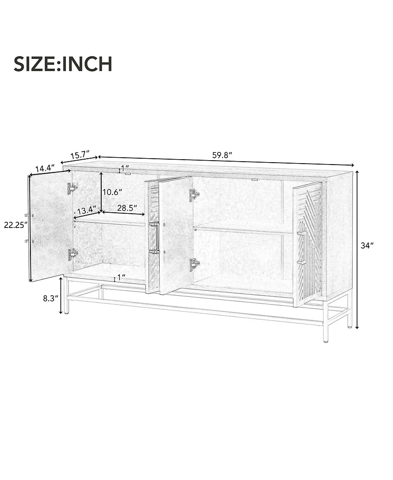 Retro Style Sideboard with Adjustable Shelves, Rectangular Metal Handles and Legs for Kitchen, Living room, Dining Room