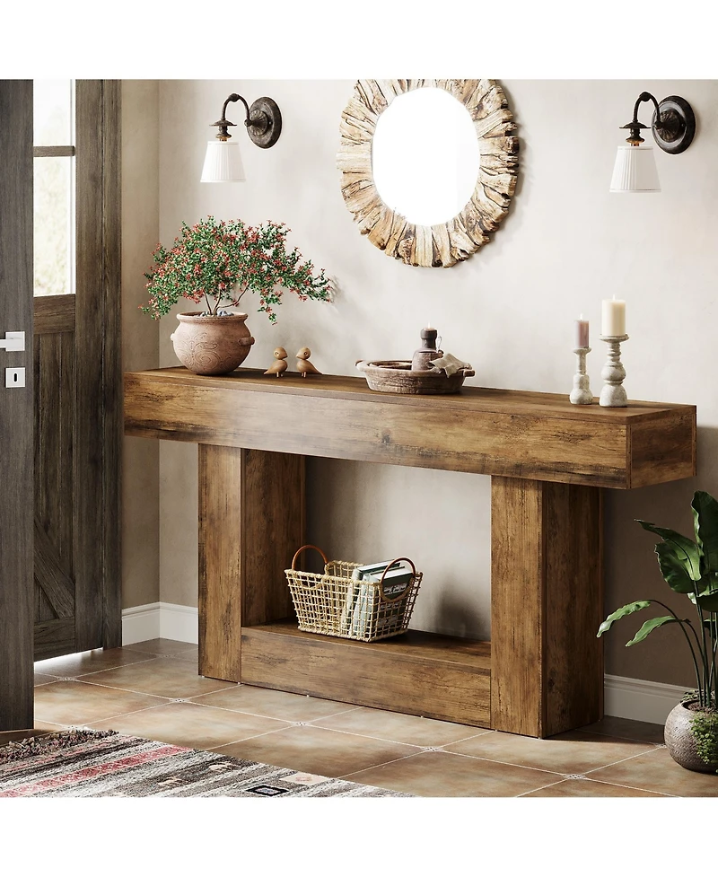 Tribesigns 63" Console Table, Farmhouse 2-Tier Entryway Table with U-Shaped Base, Narrow Long Wood Sofa Table Behind Couch Table for Living Room,