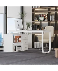 Famapy 55.1 in. L-Shaped Brown Wood Computer Desk Writing Office Executive W/Removable Tabletop, Shelves, 3-Drawers