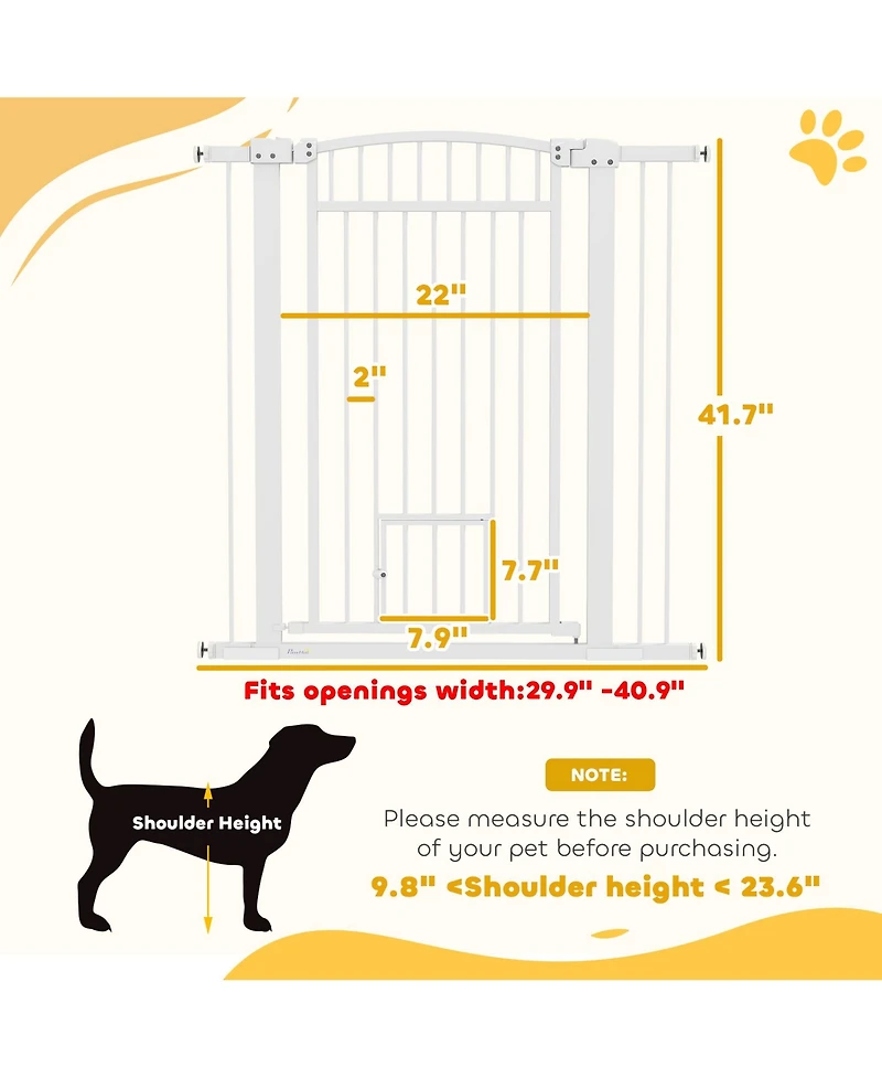 PawHut 30"-41" Dog Gate w/ Cat Door, 3-Inch & 5.5-Inch Extension Kit, 42" H