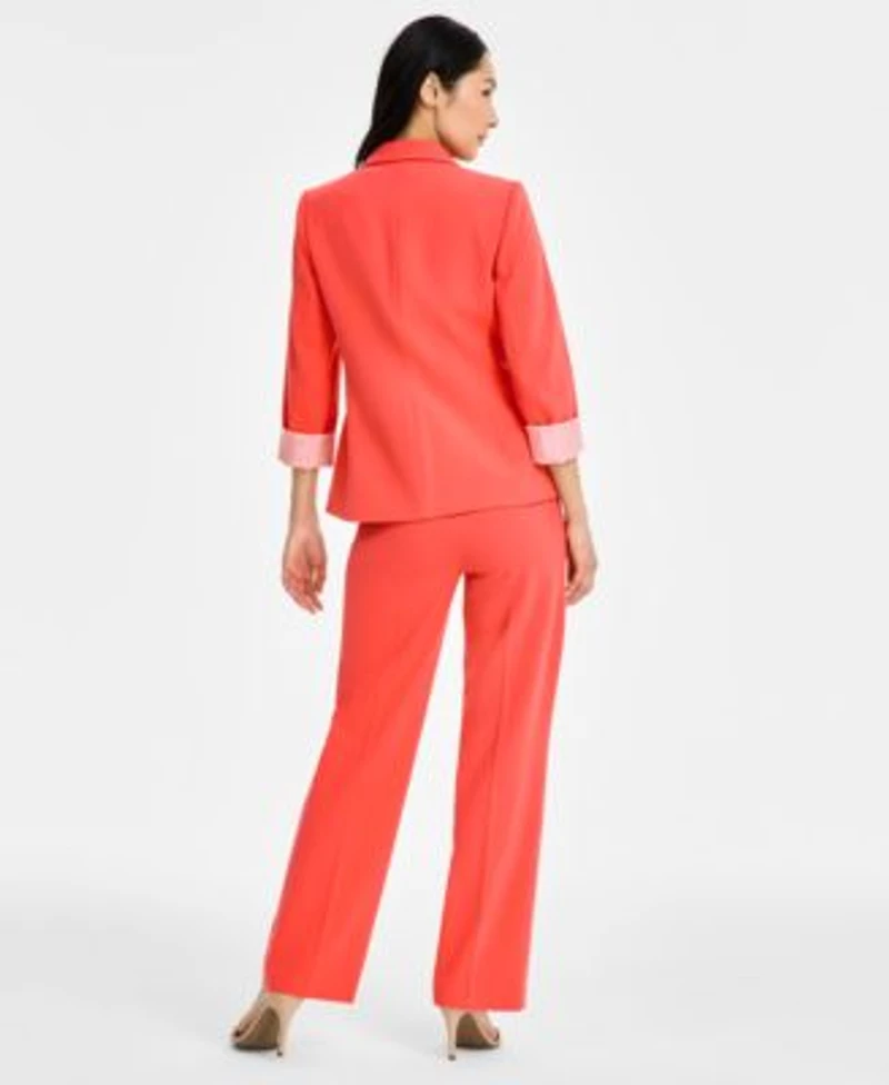 Tahari Asl Womens Two Button Blazer Printed Tie Neck Sleeveless Blouse Straight Leg Pants