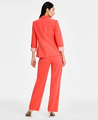 Tahari Asl Womens Two Button Blazer Printed Tie Neck Sleeveless Blouse Straight Leg Pants