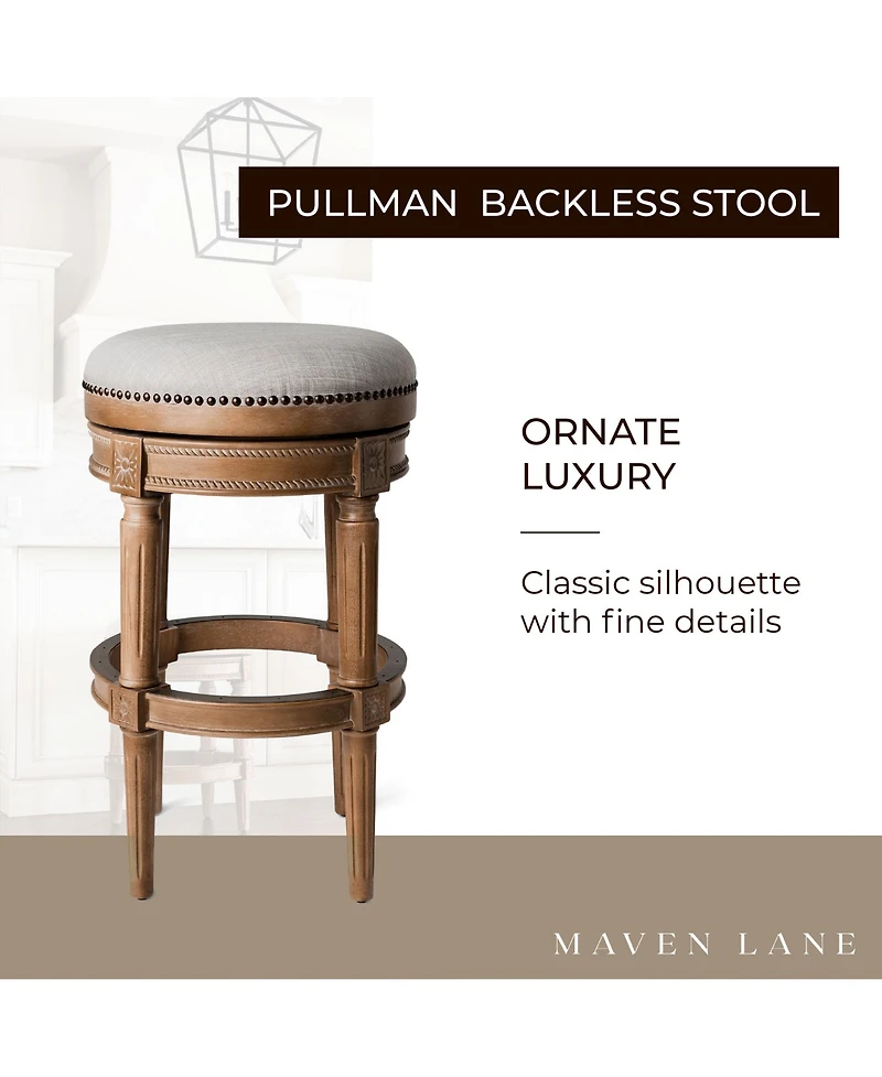Maven Lane Pullman Backless Bar Stool in Weathered Oak Finish w/ Sand Color Fabric Upholstery, Set of 4