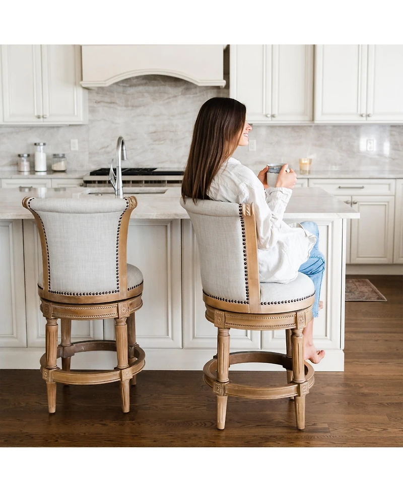 Maven Lane Pullman Bar Stool, Weathered Oak Finish w/ Sand Color Fabric Upholstery, Set of 2