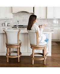 Maven Lane Pullman Bar Stool, Weathered Oak Finish w/ Sand Color Fabric Upholstery, Set of 2