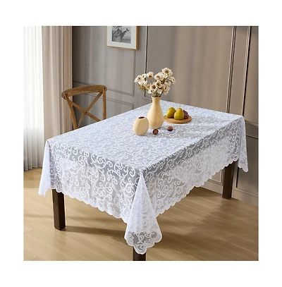 Hlc.me Scroll Lace Fabric Tablecloth, Lace Fabric Table Cloth for Small Rectangle Tables, Wrinkle Resistant Tablecloth, Patterned Scalloped Tablecloth