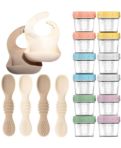 Sperric 12pc Glass Baby Food Storage Jars, 4 Silicone Spoons & 2 Bibs, Mealtime Essentials – Bpa-Free, Leakproof, and Dishwa