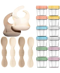 Sperric 12pc Glass Baby Food Storage Jars, 4 Silicone Spoons & 2 Bibs, Mealtime Essentials – Bpa-Free, Leakproof, and Dishwa