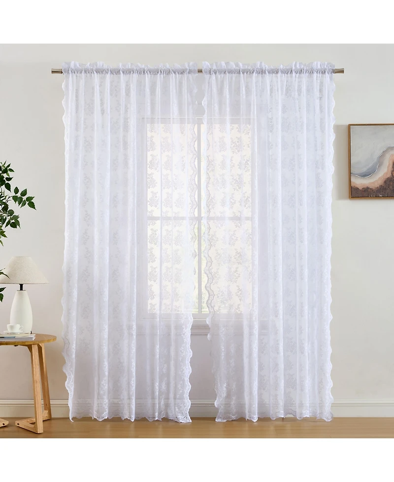 Hlc.me Jolene Floral Soft Decorative Lace Semi Sheer Light Filtering Rod Pocket Window Treatment Curtain Panels