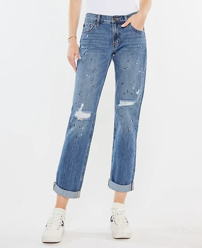 Kancan Women's Paint Effect Mid Rise Boyfriend Jeans