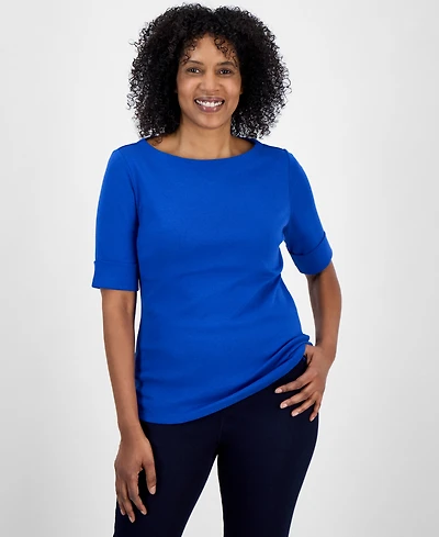 Style & Co Petite Cotton Elbow-Sleeve Boat-Neck Top, Exclusively at Macy's