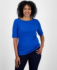 Style & Co Petite Cotton Elbow-Sleeve Boat-Neck Top, Exclusively at Macy's