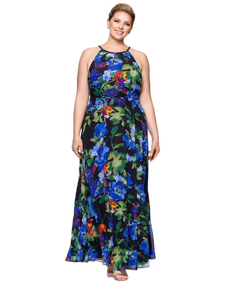 Betsy & Adam Plus Size Floral-Print Halter Gown
