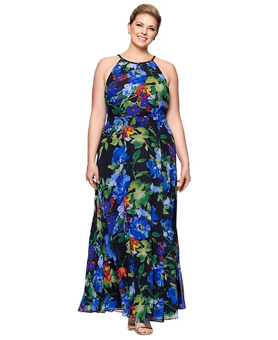 Betsy & Adam Plus Size Floral-Print Halter Gown