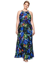 Betsy & Adam Plus Size Floral-Print Halter Gown