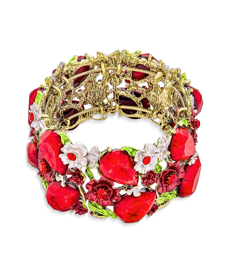Bling Jewelry Wide Red Crystal Flower Cuff Bracelet in Oxidized Gold Plating Flexible Design