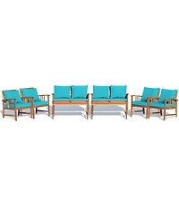 8PCS Wooden Patio Furniture Set Table Sofa Chair Cushioned Garden