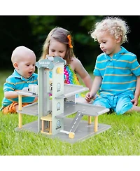 3-Tier Wooden Garage Playset with Working Elevator Helipad Ramp Car Wash Center
