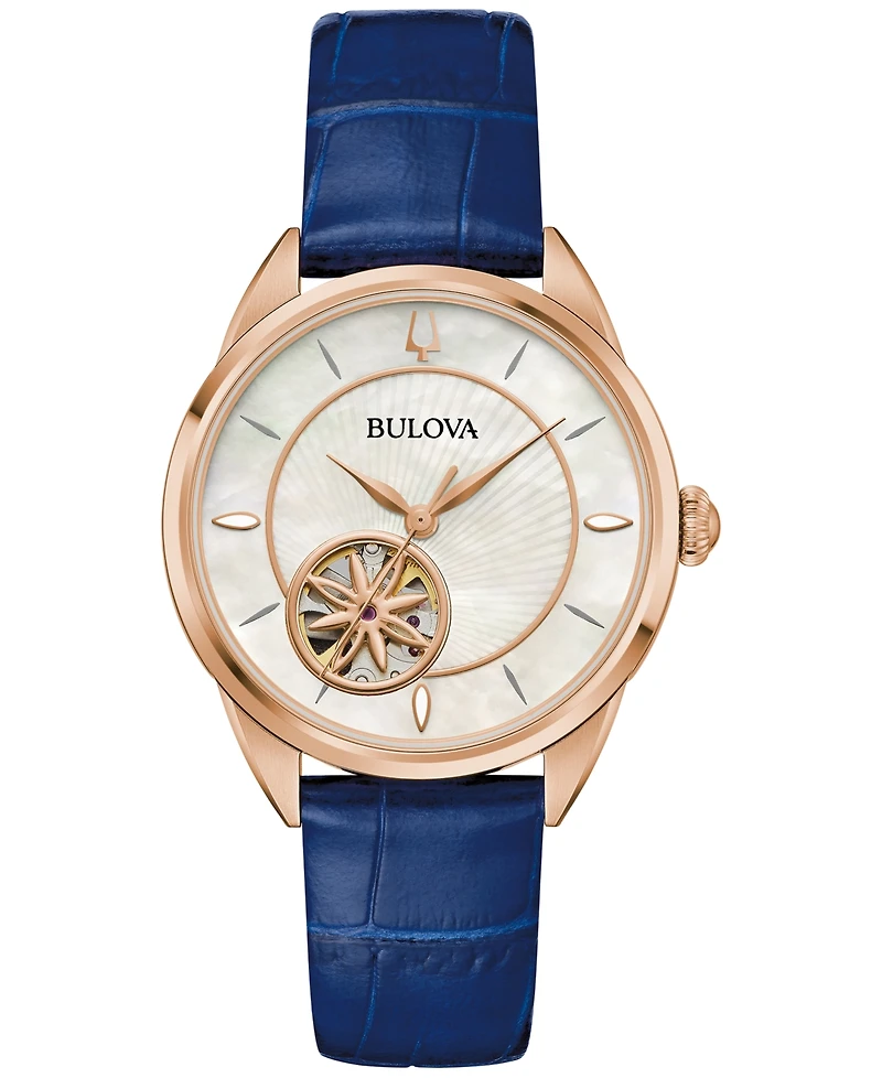 Bulova Women's Sutton Automatic Navy Blue Leather Strap Watch 34.5mm