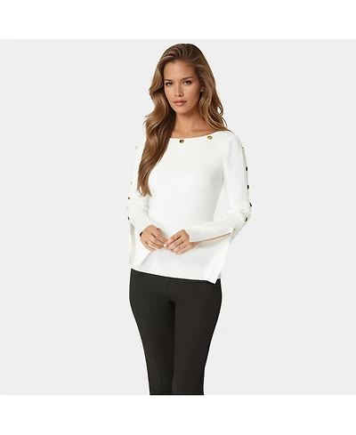 Bebe Women's Off Shoulder Bateau Snapped Slit Sweater