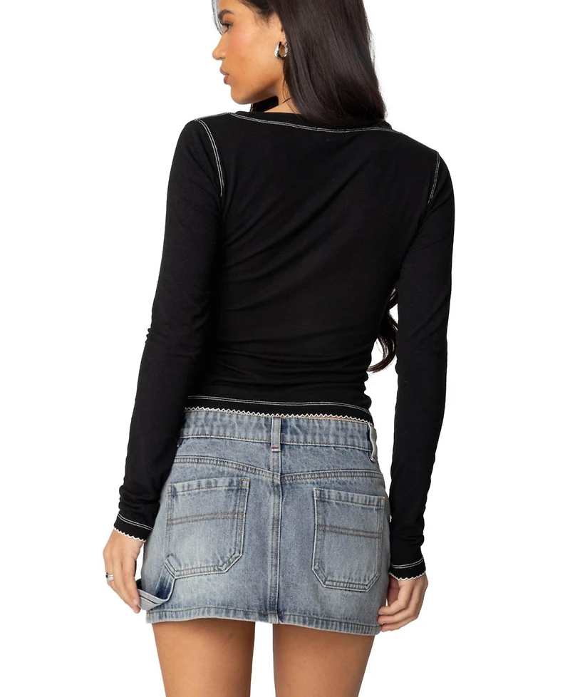Edikted Womens Yael Contrast Stitch Henley Top