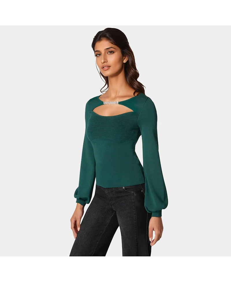 Bebe Women's Open Neck Rhinestone Trim Sweater