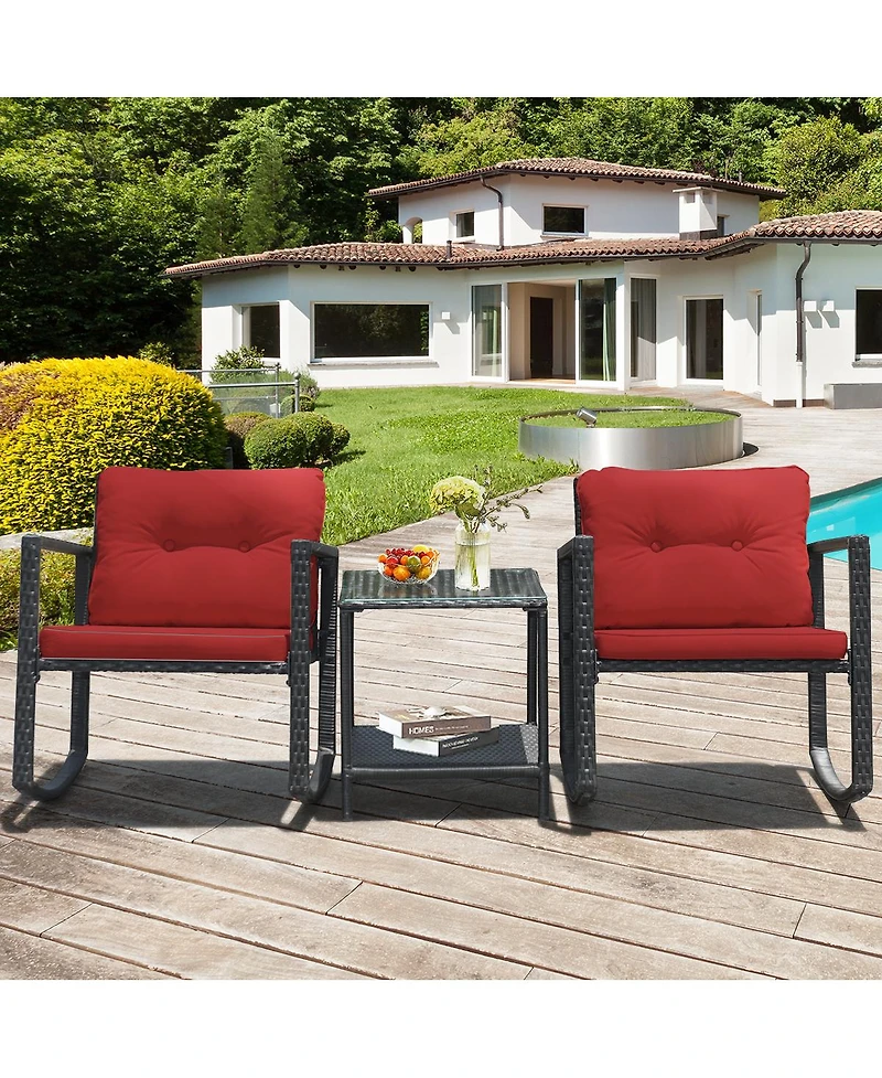 Gymax 3PCS Rattan Rocking Chair Table Set Patio Furniture Set with Cushions