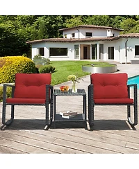 Gymax 3PCS Rattan Rocking Chair Table Set Patio Furniture Set with Cushions