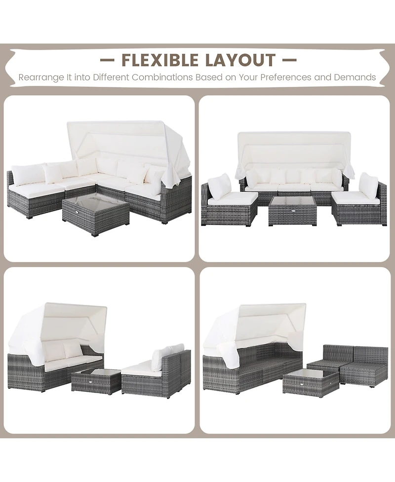 Gymax 6 Pcs Pe Rattan Patio Furniture Set w/ Tempered Glass Table and Retractable Canopy