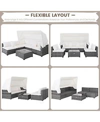 Gymax 6 Pcs Pe Rattan Patio Furniture Set w/ Tempered Glass Table and Retractable Canopy