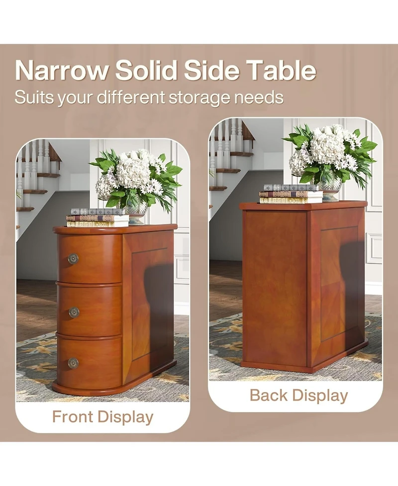 Tribesigns Wood End Table Set of 2, 3-Drawer Narrow Side Table Slim Chair Solid Side Table, No Assembly Required, Finished Back, Walnut