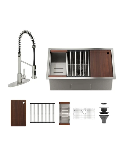 30'' Stainless Steel Kitchen Sink Faucet Sets, Kitchen Undermount Single Bowl with Cutting Board, Roller Blind, Drain Basket, Drain Grid and Drainer