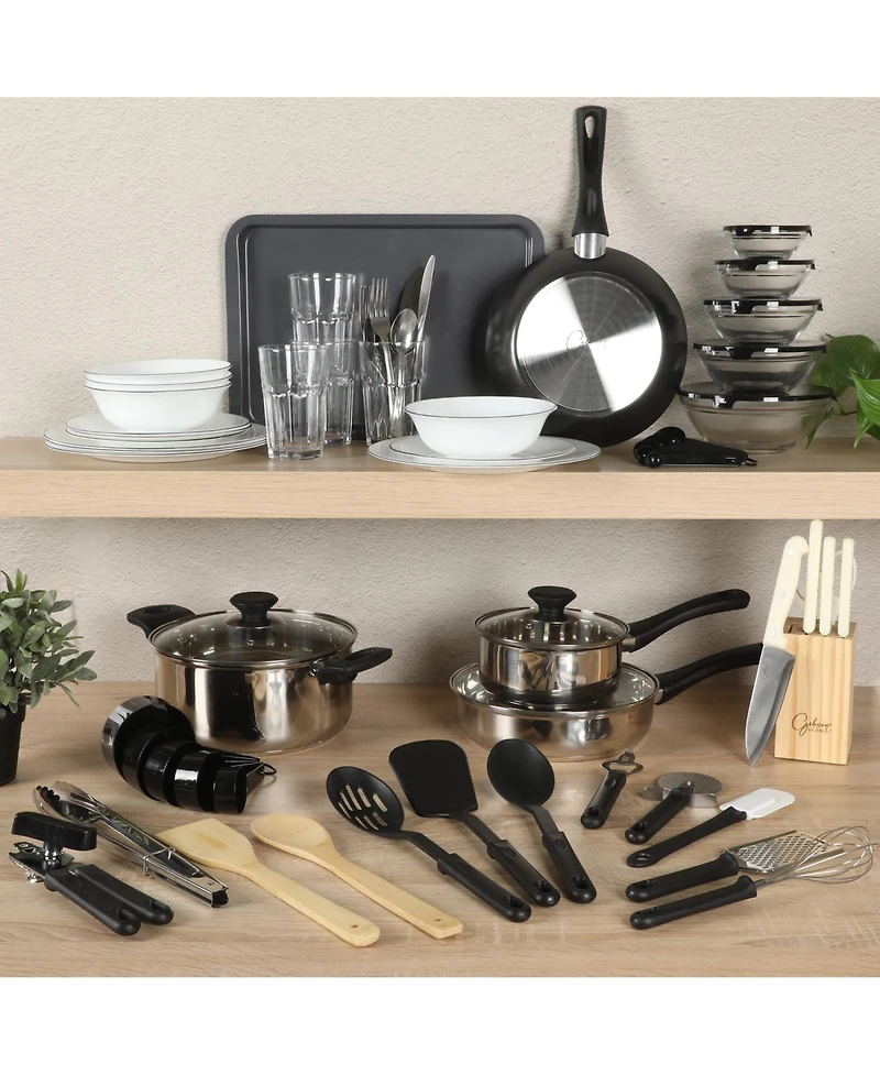 Gibson Home 74 Piece Kitchen Combo Set: Cookware, Dinnerware, Cutlery, Flatware, Tools & Gadgets, storage and Glassware