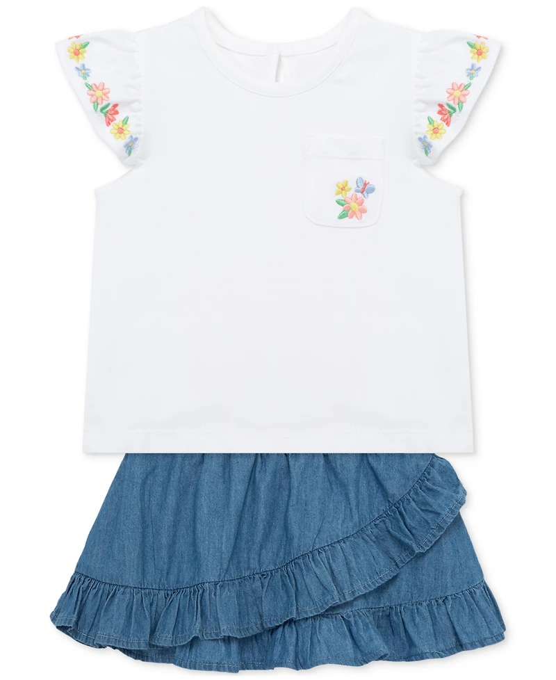 Little Me Baby Girls Embroidered Top & Chambray Skort Set
