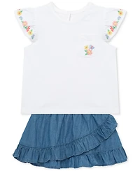 Little Me Baby Girls Embroidered Top & Chambray Skort Set